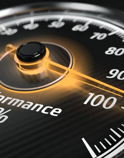 Performance level meter with arrow on 100%, 3d render