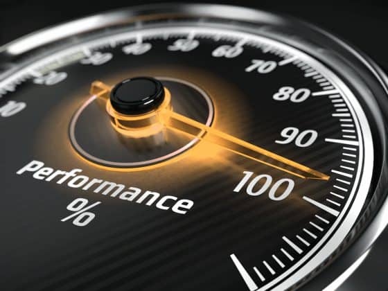 Performance level meter with arrow on 100%, 3d render